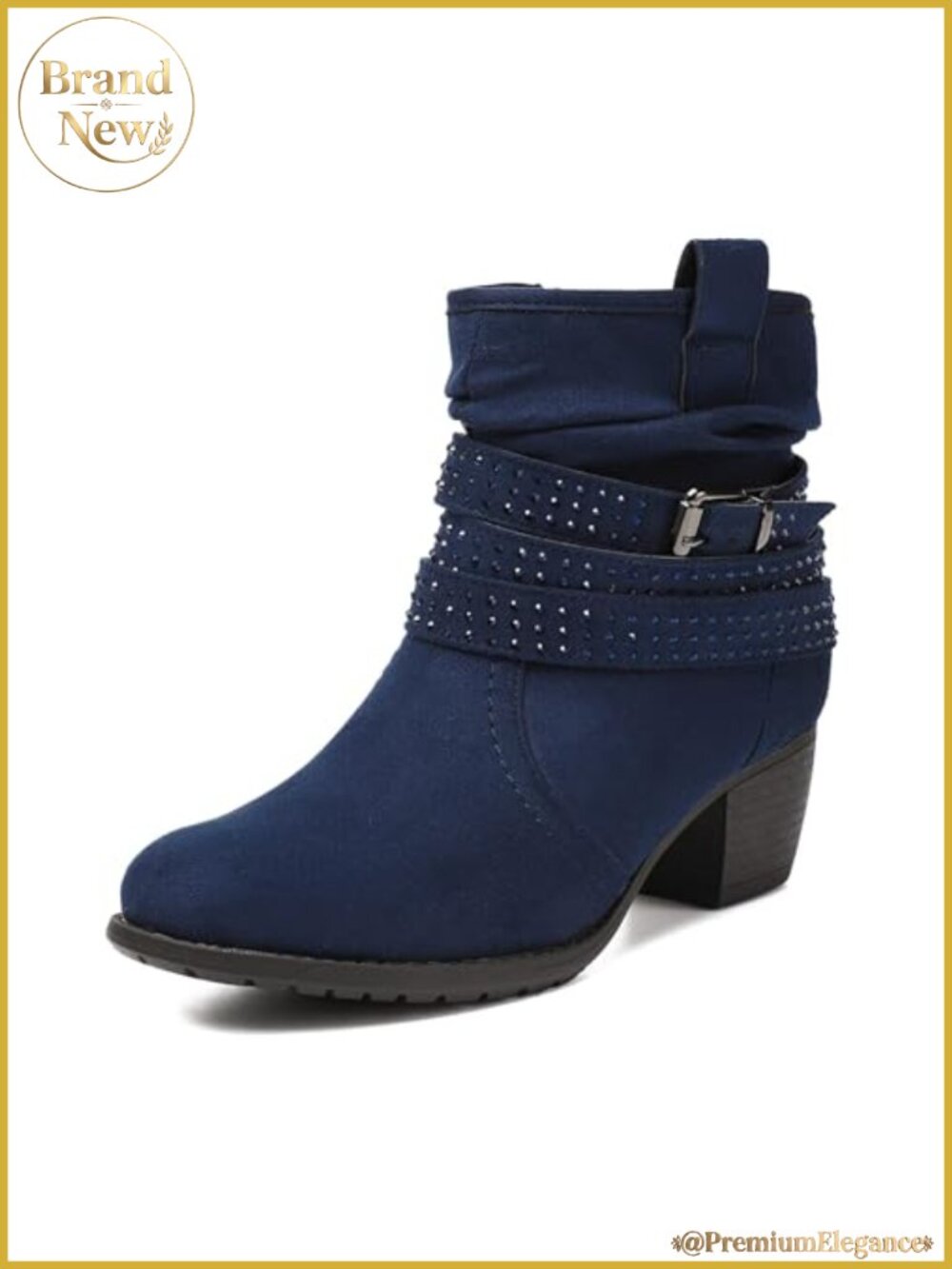 Mid Calf Boots Round Toe Low Heel Slouchy Dress Booties with Jeweled Strap